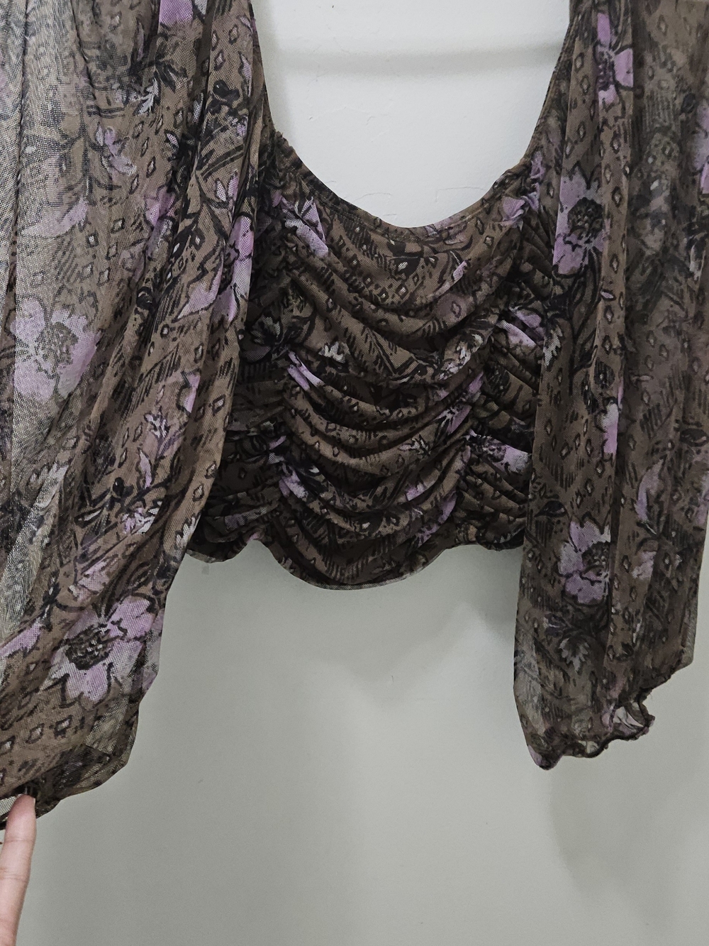 Free People Lilia Crop Brown Floral Mesh with Purple And Square Neckline Small - Picture 6 of 9
